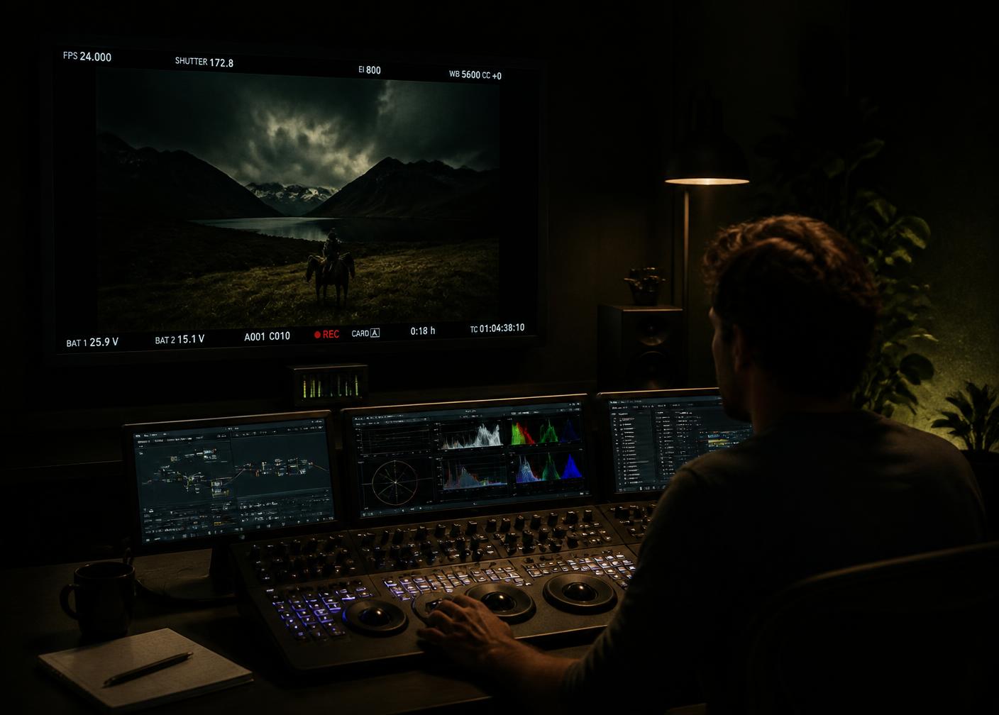 Colourist working at a grading suite with a calibrated monitor showing a dark landscape frame